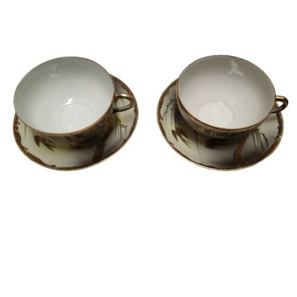 Made in Japan Hand Painted 2 Cups with Saucers Bone China Gold Ivory Grey Birds - Picture 2 of 12